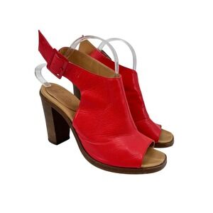 MM6 Maison Martin Margiela Red Leather Block Heel Slingback Peep Toe Sandal 40.5